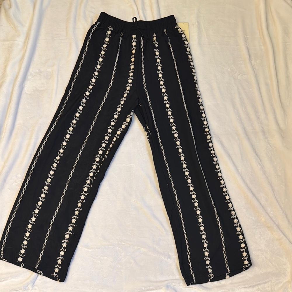 Peach Black Wide Leg Pants with White Flowers and Stripes